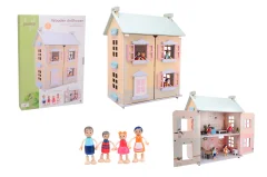 Jouéco® - Wooden doll house with 15 pcs furniture and 4 doll